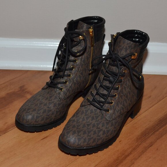 Michael Kors Alistair Signature Logo Combat Womens 7M Brown/black MK Logo Boots - Picture 1 of 12